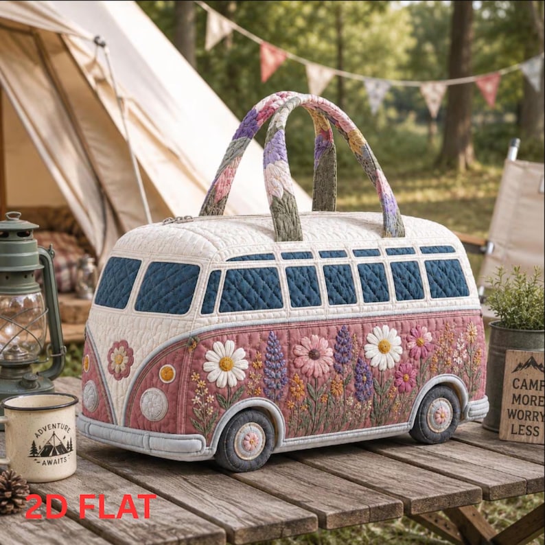 Camper Van Quilted Bag, Floral Travel Tote, Camping Van Purse Gift 2026, Lake Trip Carryall, Cute Camper Gift