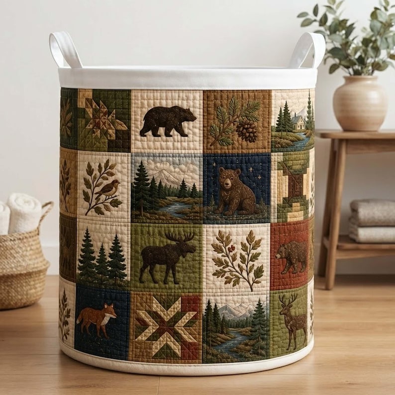 Rustic Woodland Quilted Laundry Basket, Forest Animals Storage Bin, Large Foldable Hamper