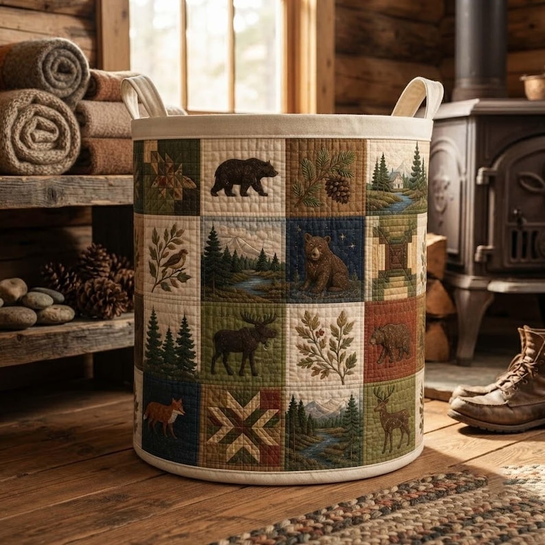 Rustic Woodland Quilted Laundry Basket, Forest Animals Storage Bin, Large Foldable Hamper