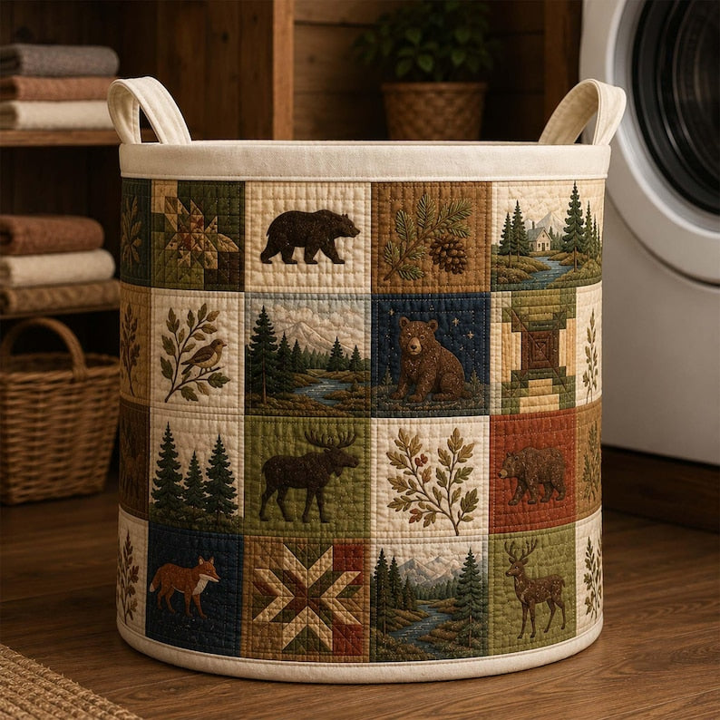 Rustic Woodland Quilted Laundry Basket, Forest Animals Storage Bin, Large Foldable Hamper