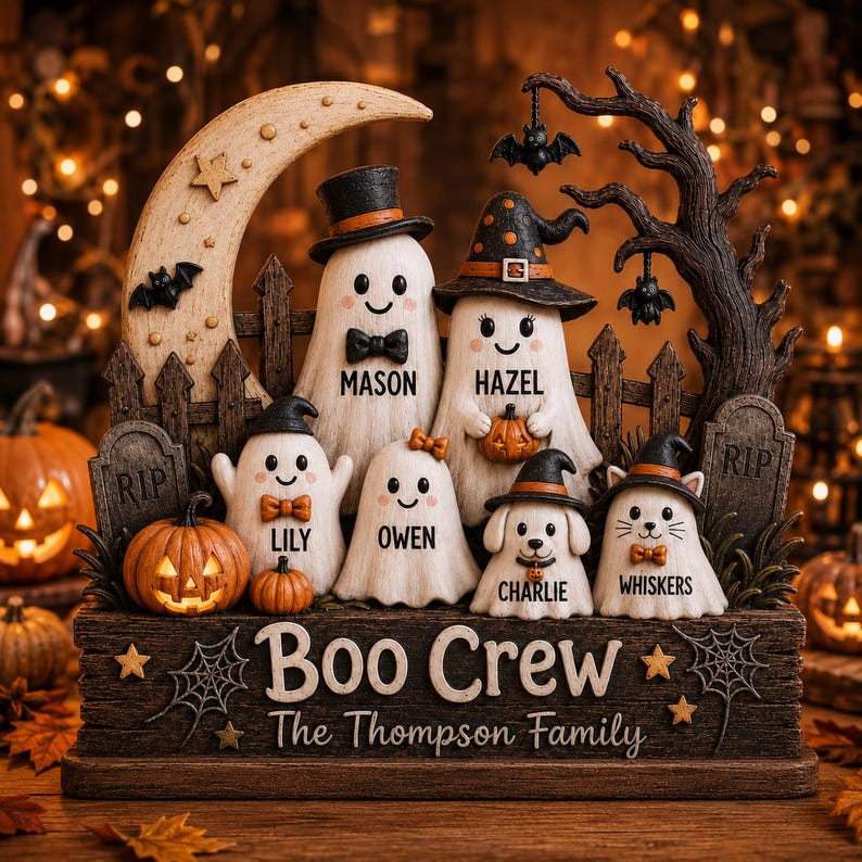 Personalized Halloween Gang Wood Sign, 3D Layered Ghost Family Decor With Custom Names, Crescent Moon Shelf Sitter
