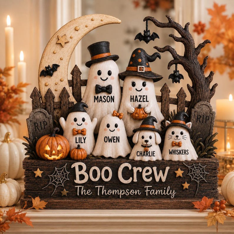 Personalized Halloween Gang Wood Sign, 3D Layered Ghost Family Decor With Custom Names, Crescent Moon Shelf Sitter