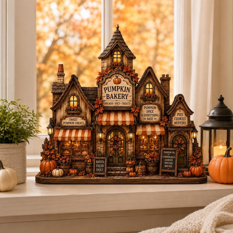 Wooden Harvest Bakery House Block, Vintage Pumpkin Bakery Decor, Cozy Autumn Shelf Sitter, Rustic Fall Village Decor