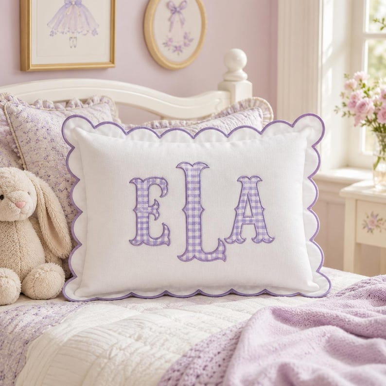 Personalized Monogram Pillow Cover, Custom Embroidered Initial Pillow, Scalloped Trim Pillowcase, Dorm Room Pillow