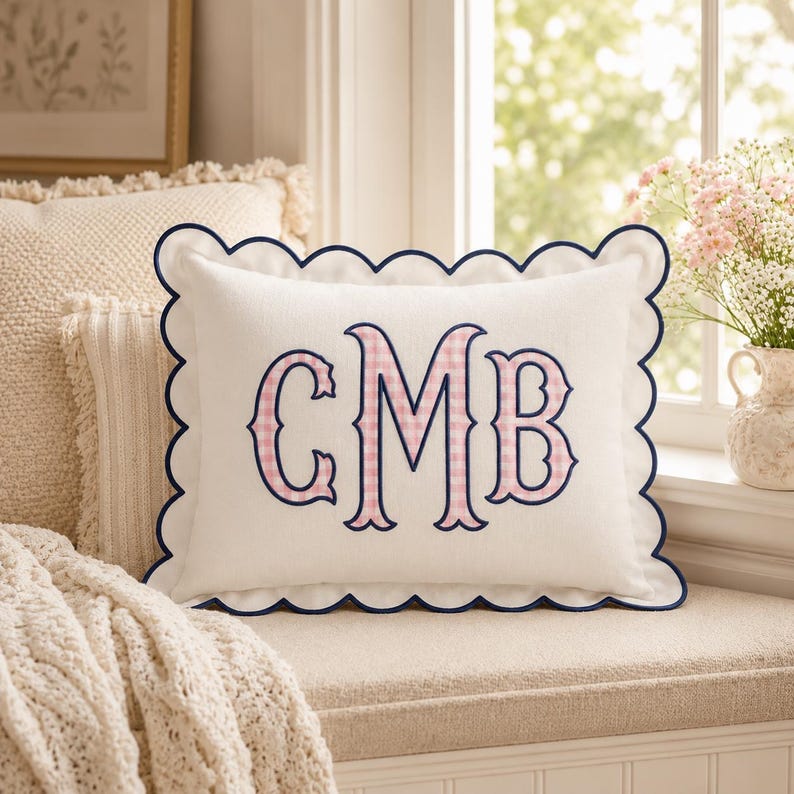Personalized Monogram Pillow Cover, Custom Embroidered Initial Pillow, Scalloped Trim Pillowcase, Dorm Room Pillow