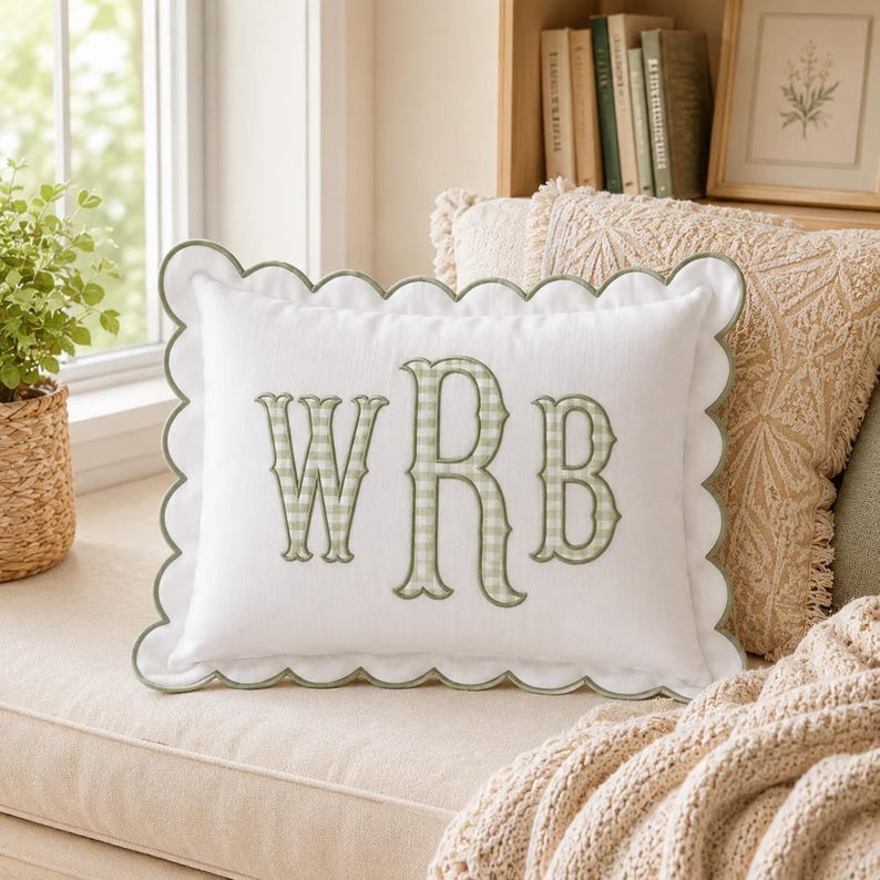 Personalized Monogram Pillow Cover, Custom Embroidered Initial Pillow, Scalloped Trim Pillowcase, Dorm Room Pillow