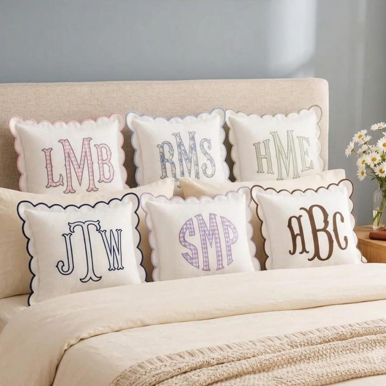 Personalized Monogram Pillow Cover, Custom Embroidered Initial Pillow, Scalloped Trim Pillowcase, Dorm Room Pillow