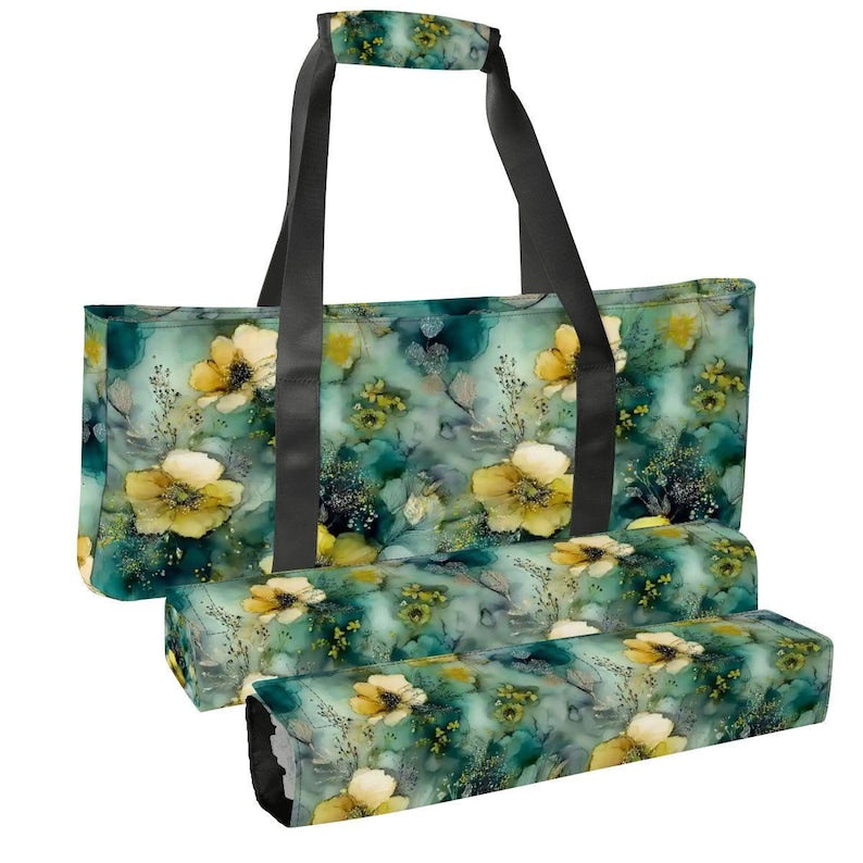 Misty Wildflower Mahjong Bag Set, Floral Mahjong Storage Bag, Blue Green Mahjong Tote, Yellow Flower Mahjong Tile Bag