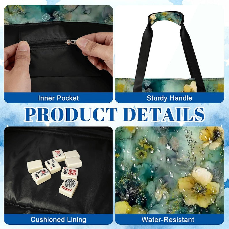 Misty Wildflower Mahjong Bag Set, Floral Mahjong Storage Bag, Blue Green Mahjong Tote, Yellow Flower Mahjong Tile Bag
