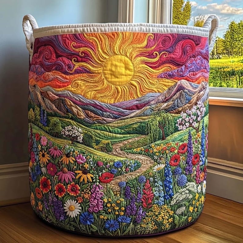 Floral Valley Quilted Laundry Basket, Wildflower Storage Bin, Nature Landscape Hamper