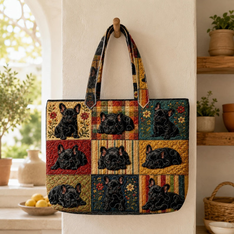 Cute French Bulldog Quilted Tote Bag, Personalized Patchwork Frenchie Handbag, Dog Tote Gift for Dog Lover