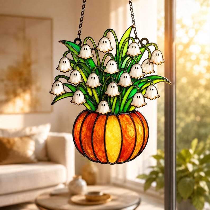 Lily of the Valley Ghost Acrylic Suncatcher, Spooky Ghost And Pumpkin Acrylic Window Hanging, Spooky Home Gift