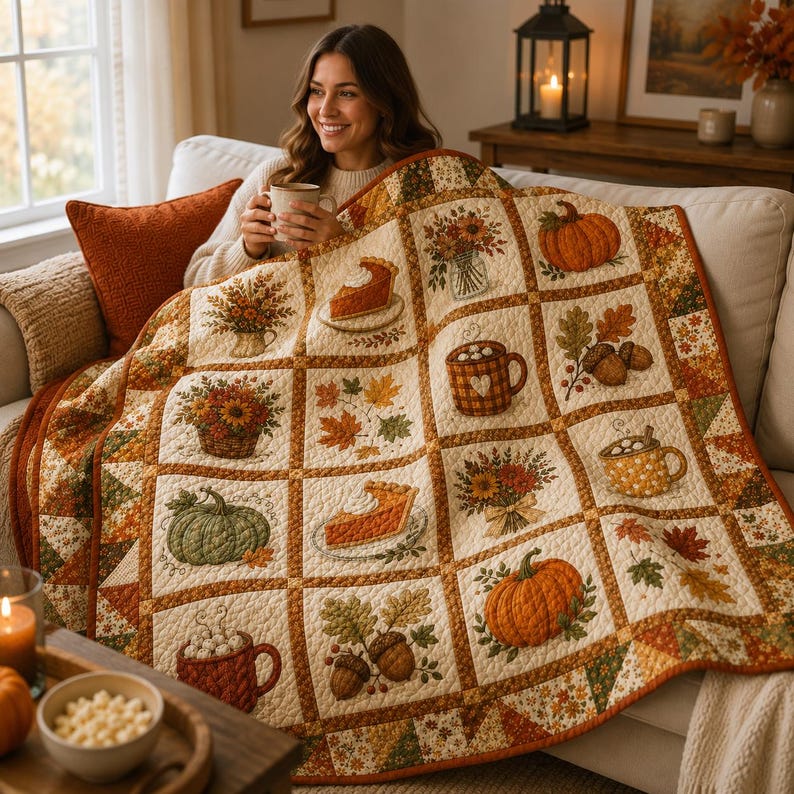 Fall Pumpkin Spice Quilt Blanket, Autumn Coffee and Pie Throw, Rustic Fall Floral Bedding, Cozy Farmhouse Decor