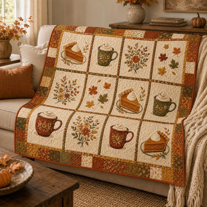Fall Pumpkin Spice Quilt Blanket, Autumn Coffee and Pie Throw, Rustic Fall Floral Bedding, Cozy Farmhouse Decor