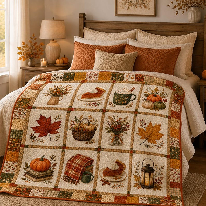 Fall Pumpkin Spice Quilt Blanket, Autumn Coffee and Pie Throw, Rustic Fall Floral Bedding, Cozy Farmhouse Decor