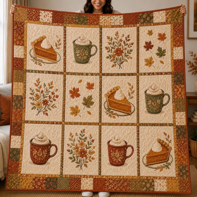 Fall Pumpkin Spice Quilt Blanket, Autumn Coffee and Pie Throw, Rustic Fall Floral Bedding, Cozy Farmhouse Decor