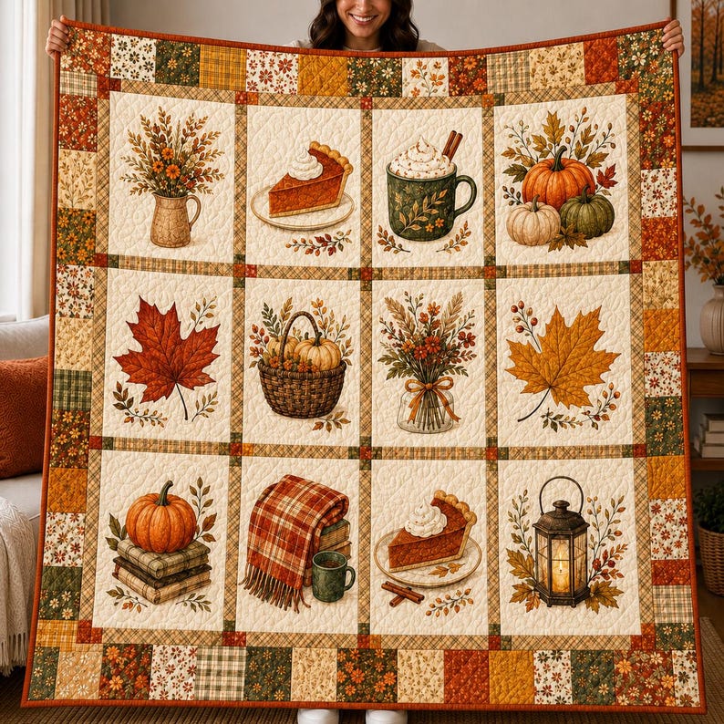Fall Pumpkin Spice Quilt Blanket, Autumn Coffee and Pie Throw, Rustic Fall Floral Bedding, Cozy Farmhouse Decor