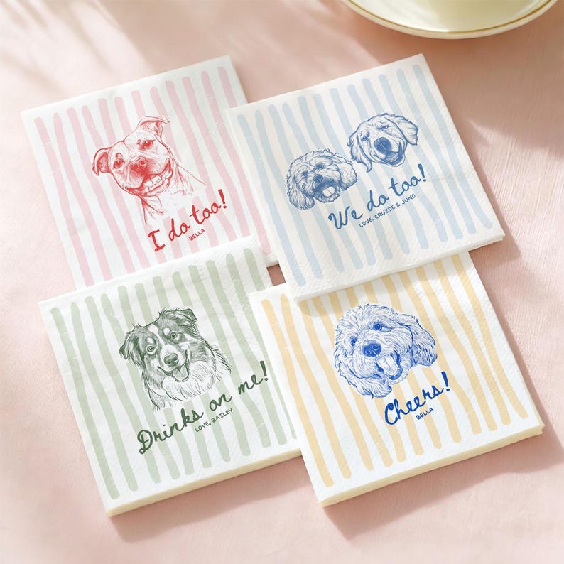Custom Pet Napkins For Wedding, Personalized Dog And Cat Portrait From Photo, Dog Cocktail Engagement Serviettes