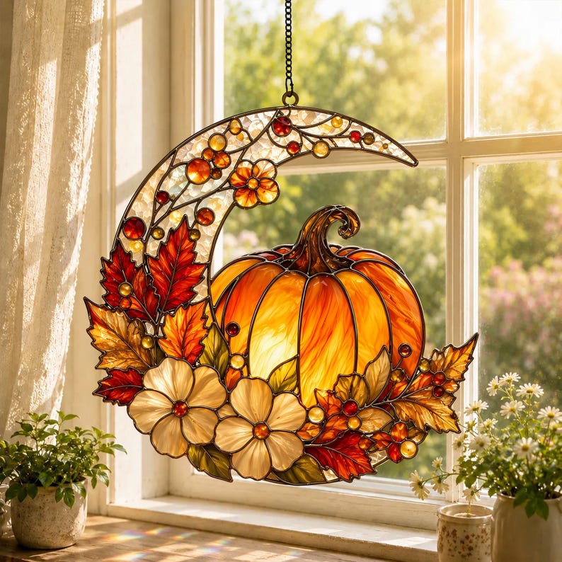 Harvest Moon Pumpkin Halloween Stained Glass Suncatcher, Autumn Maple Leaf Window Hanging Gift