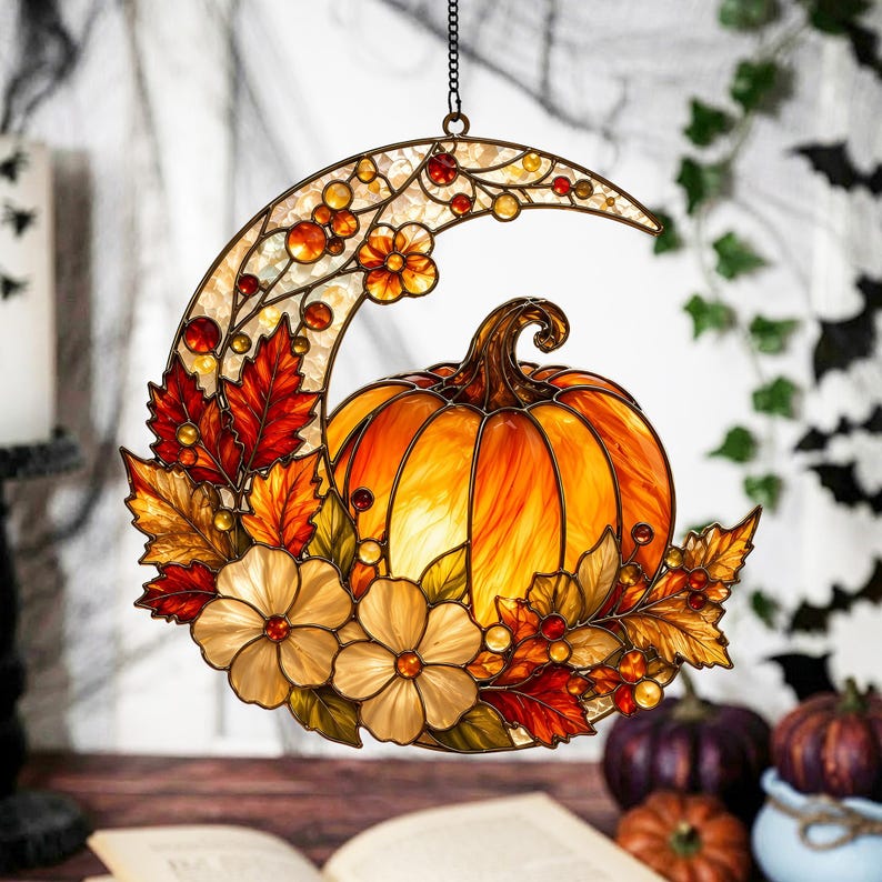 Harvest Moon Pumpkin Halloween Stained Glass Suncatcher, Autumn Maple Leaf Window Hanging Gift