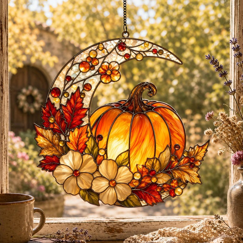 Harvest Moon Pumpkin Halloween Stained Glass Suncatcher, Autumn Maple Leaf Window Hanging Gift