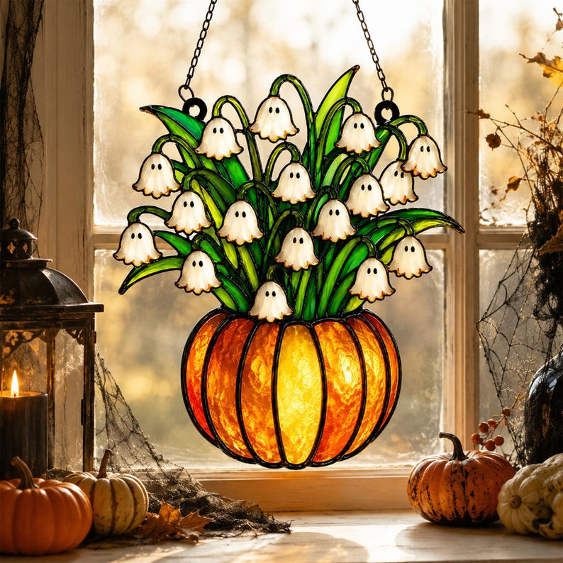 Lily of the Valley Ghost Acrylic Suncatcher, Spooky Ghost And Pumpkin Acrylic Window Hanging, Spooky Home Gift