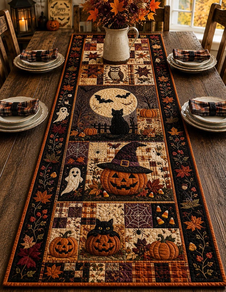 Halloween Patchwork Quilted Table Runner, Black Cat Pumpkin Ghost Witch Hat Table Runner