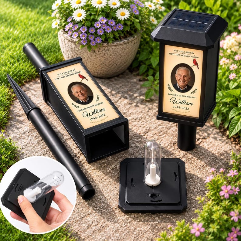 Personalized Memorial Solar Lantern, Custom Photo Garden Stake Light, Waterproof Gravesite Decoration
