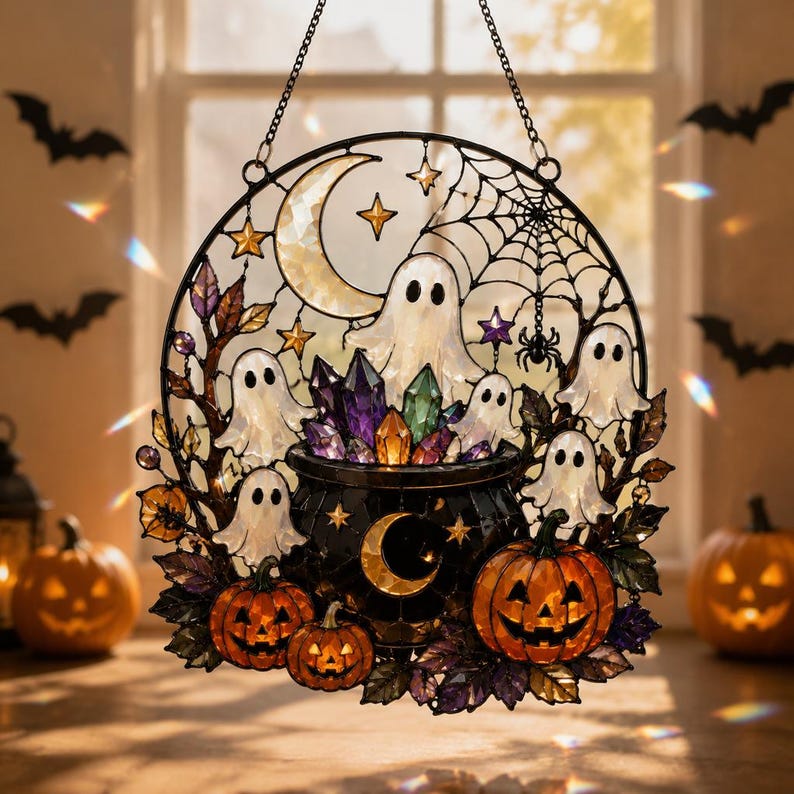 Halloween Ghost Acrylic Suncatcher, Crystal Cauldron Window Hanging, Pumpkin Moon Decor