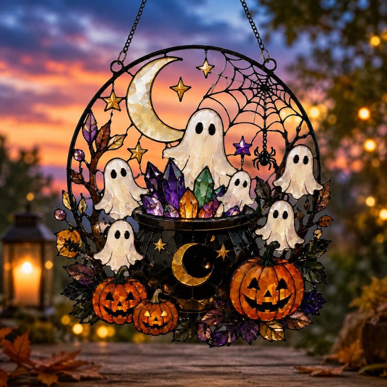 Halloween Ghost Acrylic Suncatcher, Crystal Cauldron Window Hanging, Pumpkin Moon Decor