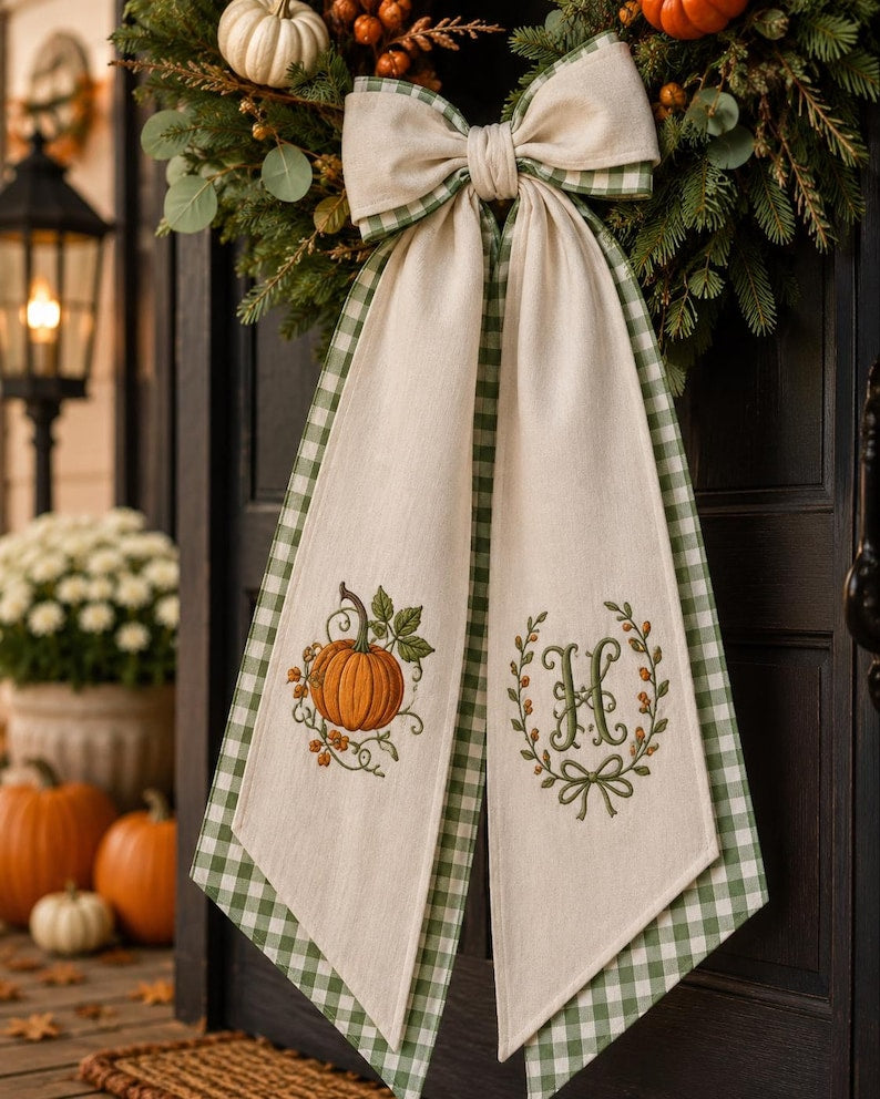Embroidered Monogrammed Pumkin Halloween Thanksgiving Fall Wreath Sash, Sash Pumpkin Personalized Holiday Gift