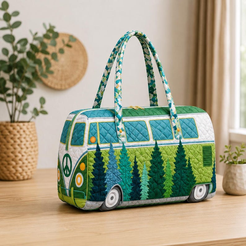 Boho Van Duffel Bag, Personalized Quilted Weekender, Colorful Travel Carryall