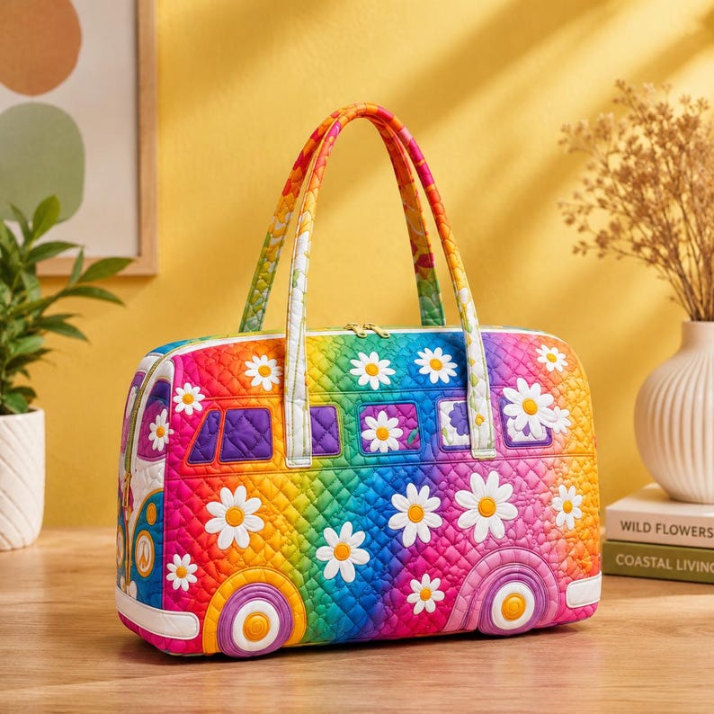 Boho Van Duffel Bag, Personalized Quilted Weekender, Colorful Travel Carryall