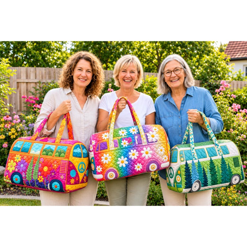Boho Van Duffel Bag, Personalized Quilted Weekender, Colorful Travel Carryall