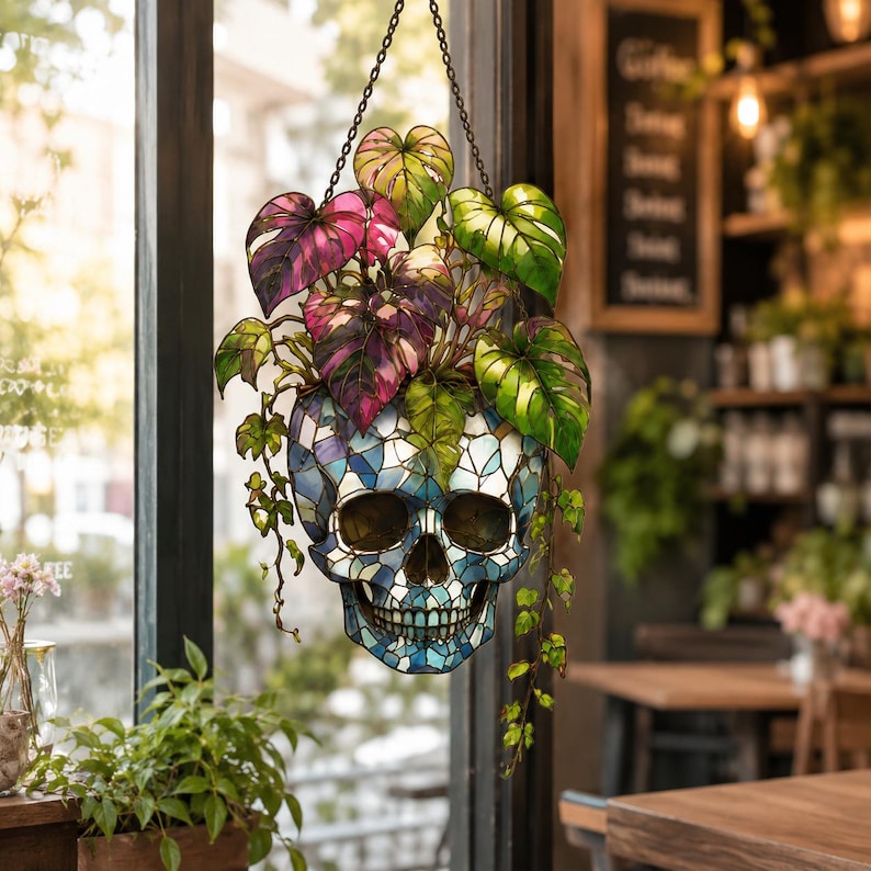 Plant Halloween Decor, Spooky Decor Art, Halloween Suncatcher Ornament, Monstera Ornament, Skull & Monstera Suncatcher