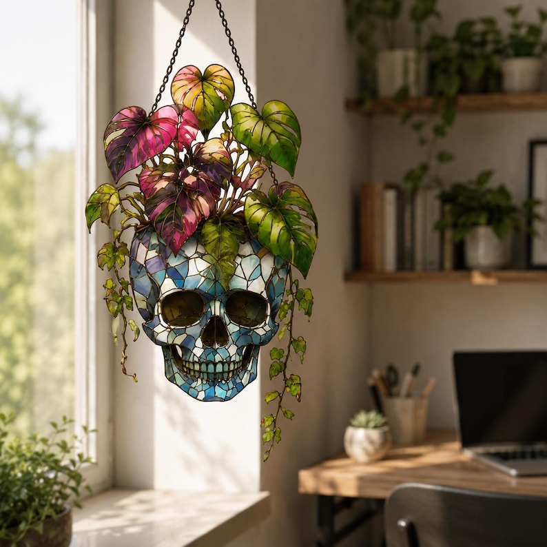 Plant Halloween Decor, Spooky Decor Art, Halloween Suncatcher Ornament, Monstera Ornament, Skull & Monstera Suncatcher