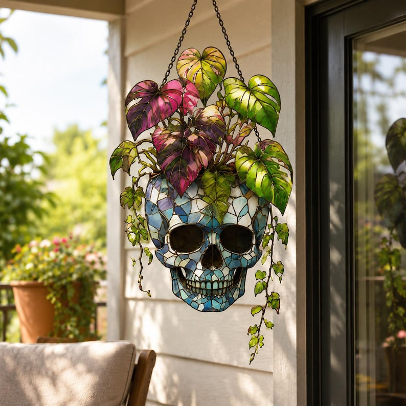 Plant Halloween Decor, Spooky Decor Art, Halloween Suncatcher Ornament, Monstera Ornament, Skull & Monstera Suncatcher