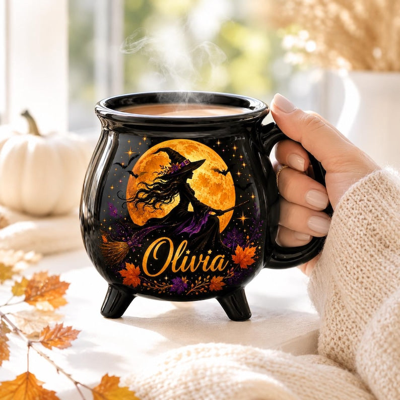Personalized Witch Cauldron Mug, Custom Witch Halloween Ceramic Coffee Cup, Spooky Witchy, Spooky Fall Drinkware