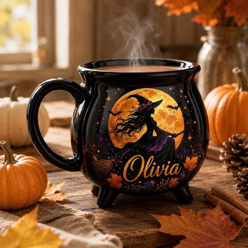 Personalized Witch Cauldron Mug, Custom Witch Halloween Ceramic Coffee Cup, Spooky Witchy, Spooky Fall Drinkware