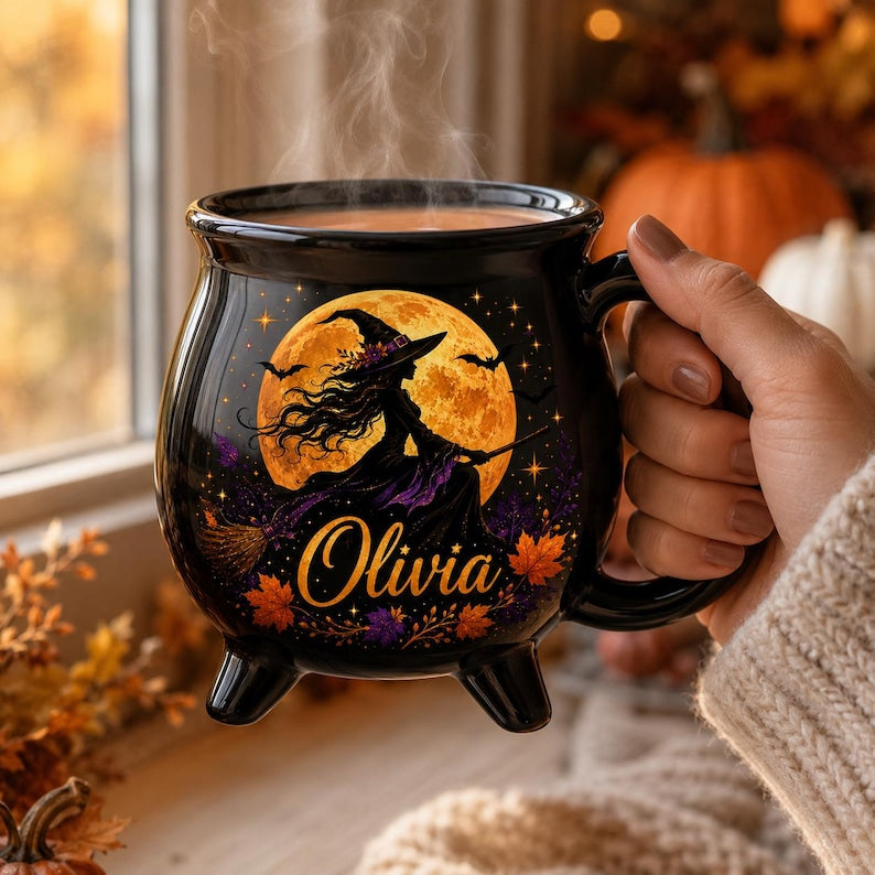 Personalized Witch Cauldron Mug, Custom Witch Halloween Ceramic Coffee Cup, Spooky Witchy, Spooky Fall Drinkware
