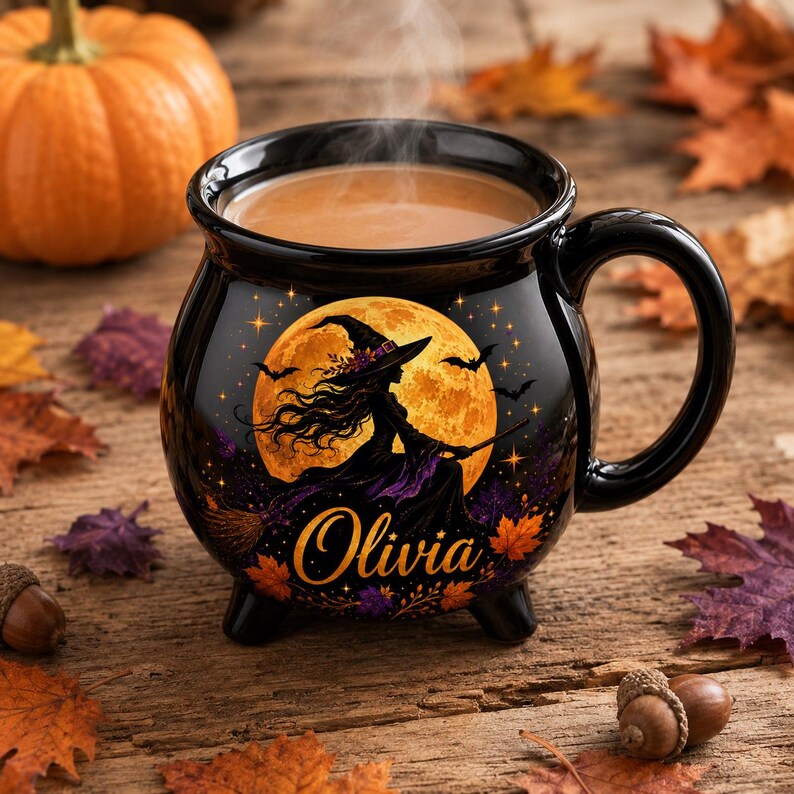 Personalized Witch Cauldron Mug, Custom Witch Halloween Ceramic Coffee Cup, Spooky Witchy, Spooky Fall Drinkware