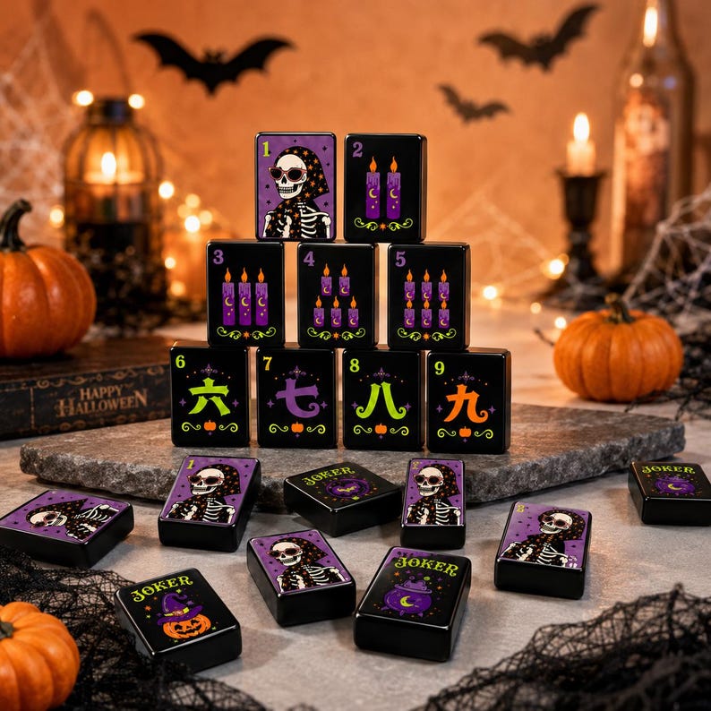 Glam Skeleton Halloween Mahjong Tiles, 160-Piece American Mahjong Set, Black Acrylic Tiles, Spooky Floral Game Night Gift