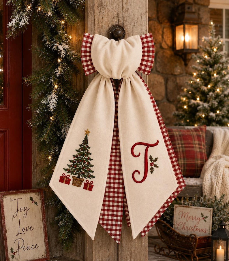 Personalized Christmas Tree Wreath Sash, Embroidered Monogram Door Hanger Bow, Custom Holiday Door Decor