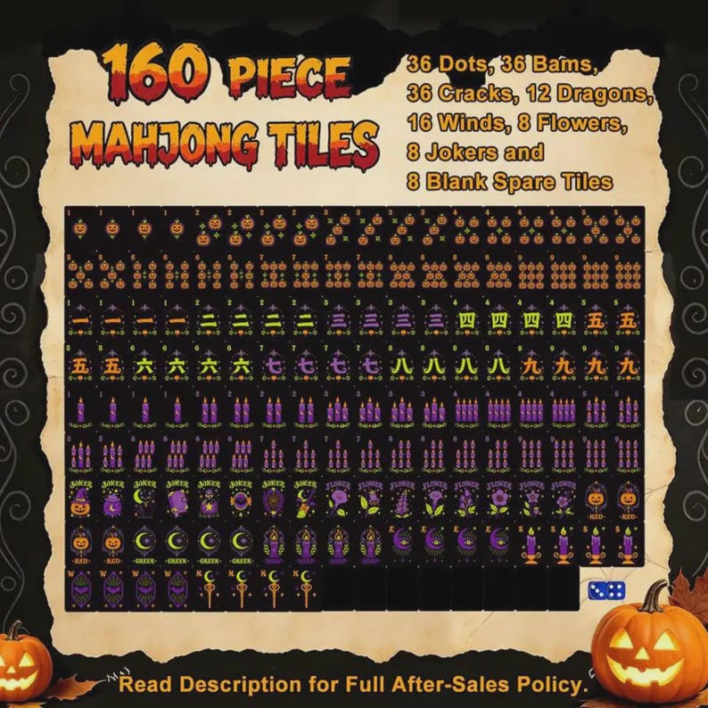 Glam Skeleton Halloween Mahjong Tiles, 160-Piece American Mahjong Set, Black Acrylic Tiles, Spooky Floral Game Night Gift