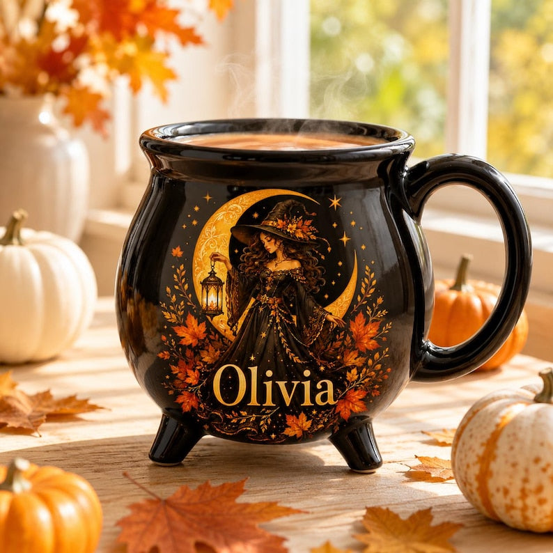 Personalized Autumn Witch Cauldron Mug, Custom Witch Halloween Ceramic Coffee Cup
