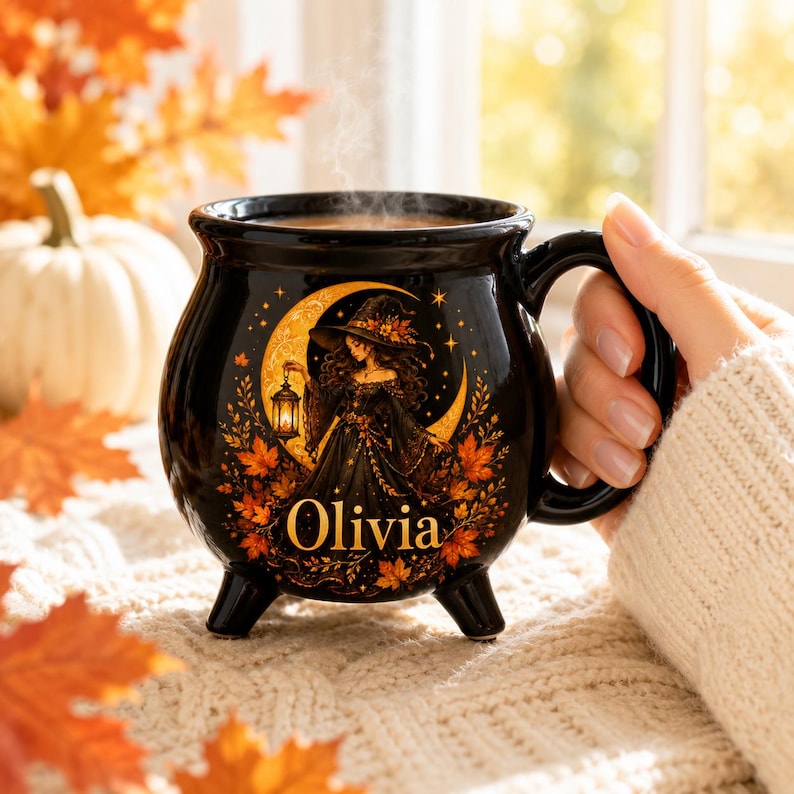 Personalized Autumn Witch Cauldron Mug, Custom Witch Halloween Ceramic Coffee Cup