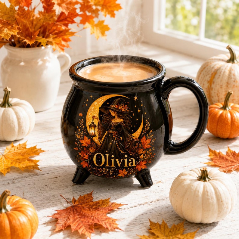 Personalized Autumn Witch Cauldron Mug, Custom Witch Halloween Ceramic Coffee Cup