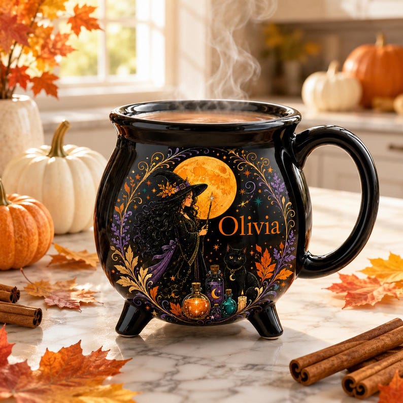 Personalized Witch Cauldron Mug, Custom Witch Halloween Ceramic Coffee Cup, Black Cat Potion Witchy Gift