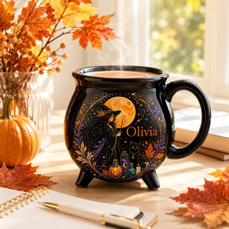 Personalized Witch Cauldron Mug, Custom Witch Halloween Ceramic Coffee Cup, Black Cat Potion Witchy Gift