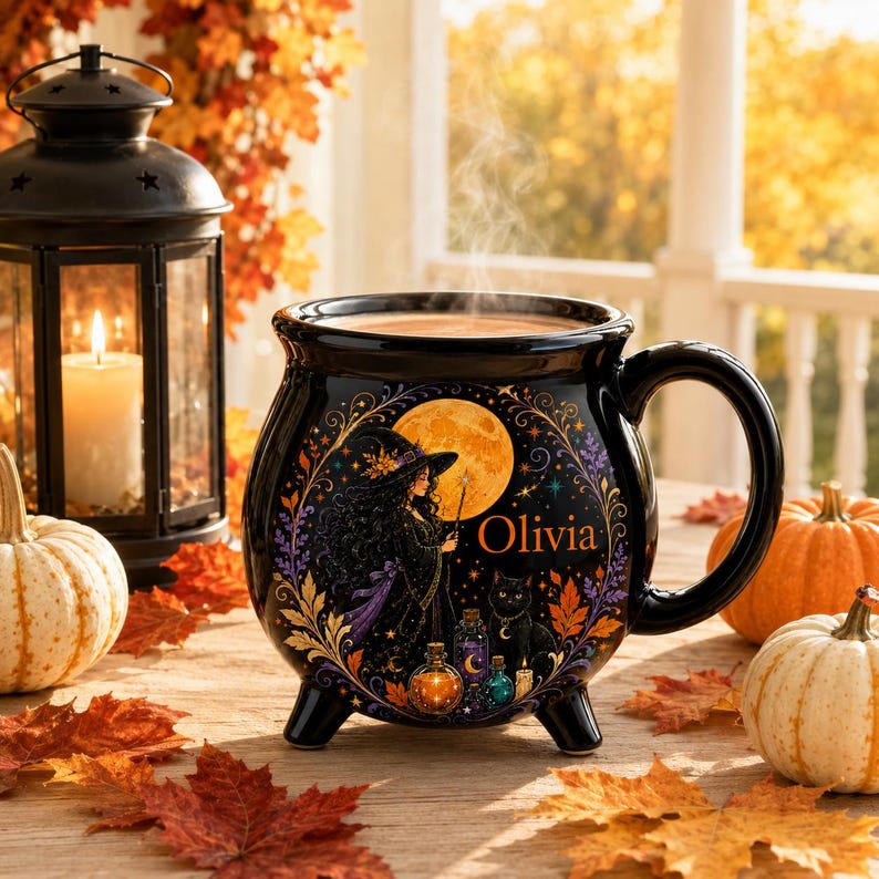 Personalized Witch Cauldron Mug, Custom Witch Halloween Ceramic Coffee Cup, Black Cat Potion Witchy Gift